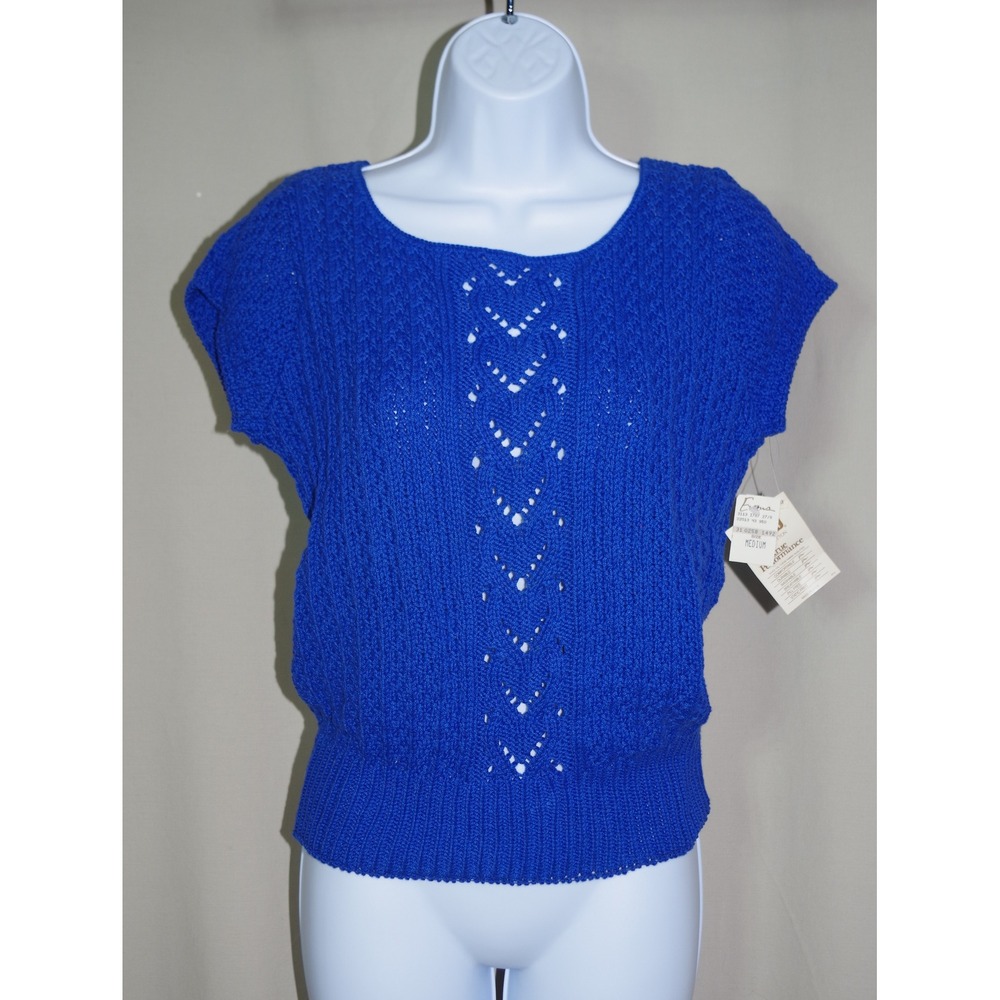 Vintage Cross Country Knits Woman's Medium Royal Blue Cotton Pointelle Sweater